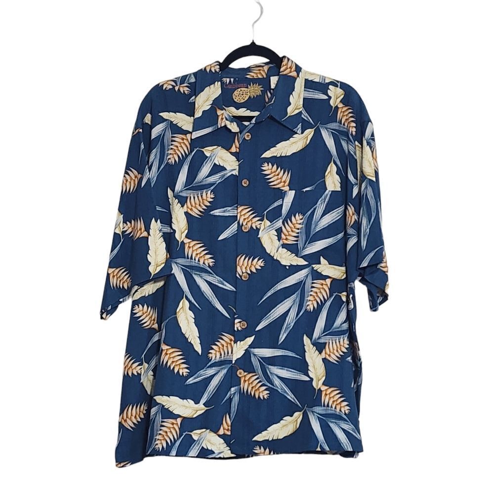 Caribbean Mens Shirt XL blue silk palm print button up